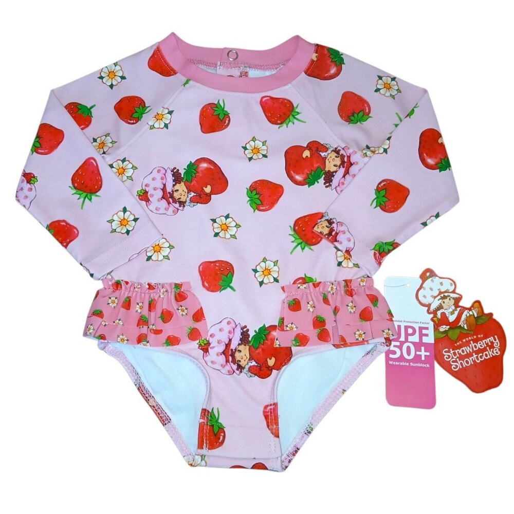 Strawberry Shortcake Girls Size 6/9 Months Long Sleeve Swimsuit Pink Red UPF 50+